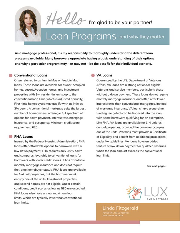 Information on Loan Programs from Lux Home Mortgage in Ashland, your home mortgage broker